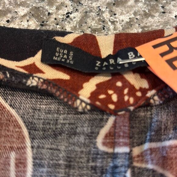 ZARA floral print 3/4 sleeve tunic shirt dress Sz S pockets borwn/black - Picture 8 of 12